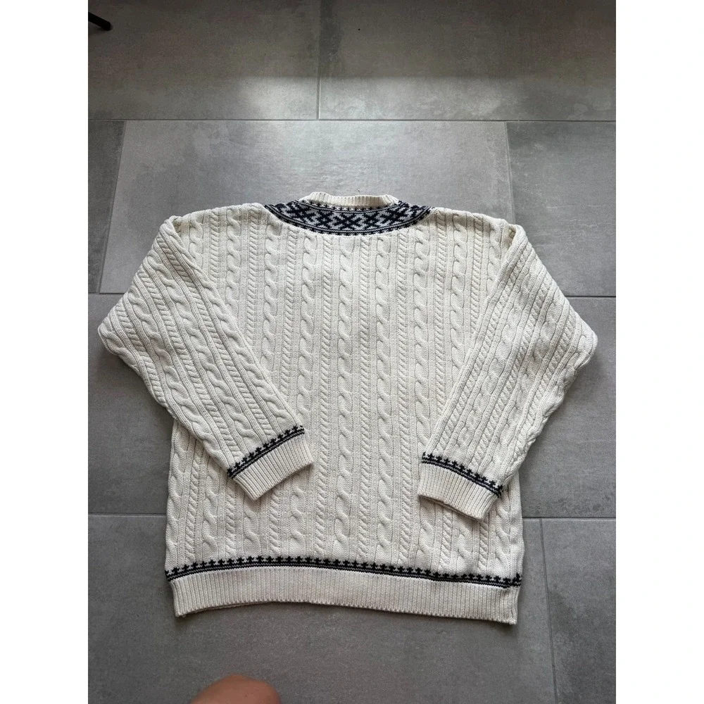 Vintage Banana Republic Mens Cream Cable Knit V-Neck Cotton Sweater Navy Trim M